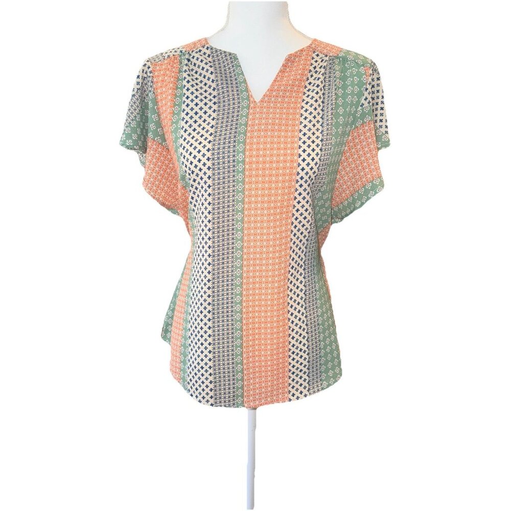 Faith and Joy Striped Patchwork Blouse Belted Waist Flutter Sleeve Size M - Picture 4 of 6